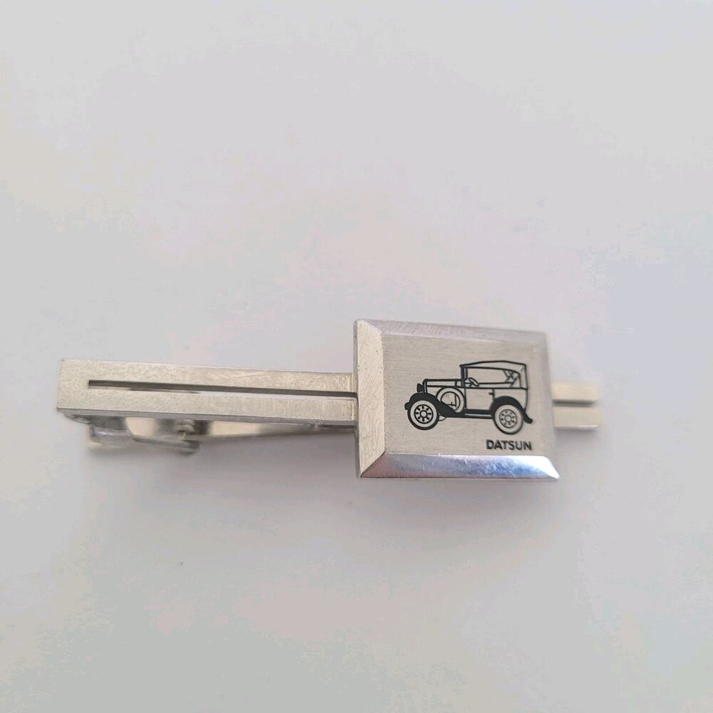 Datsun Retro Car Silver Tone Tie Bar Clip Tac Clasp Rectangle Vintage